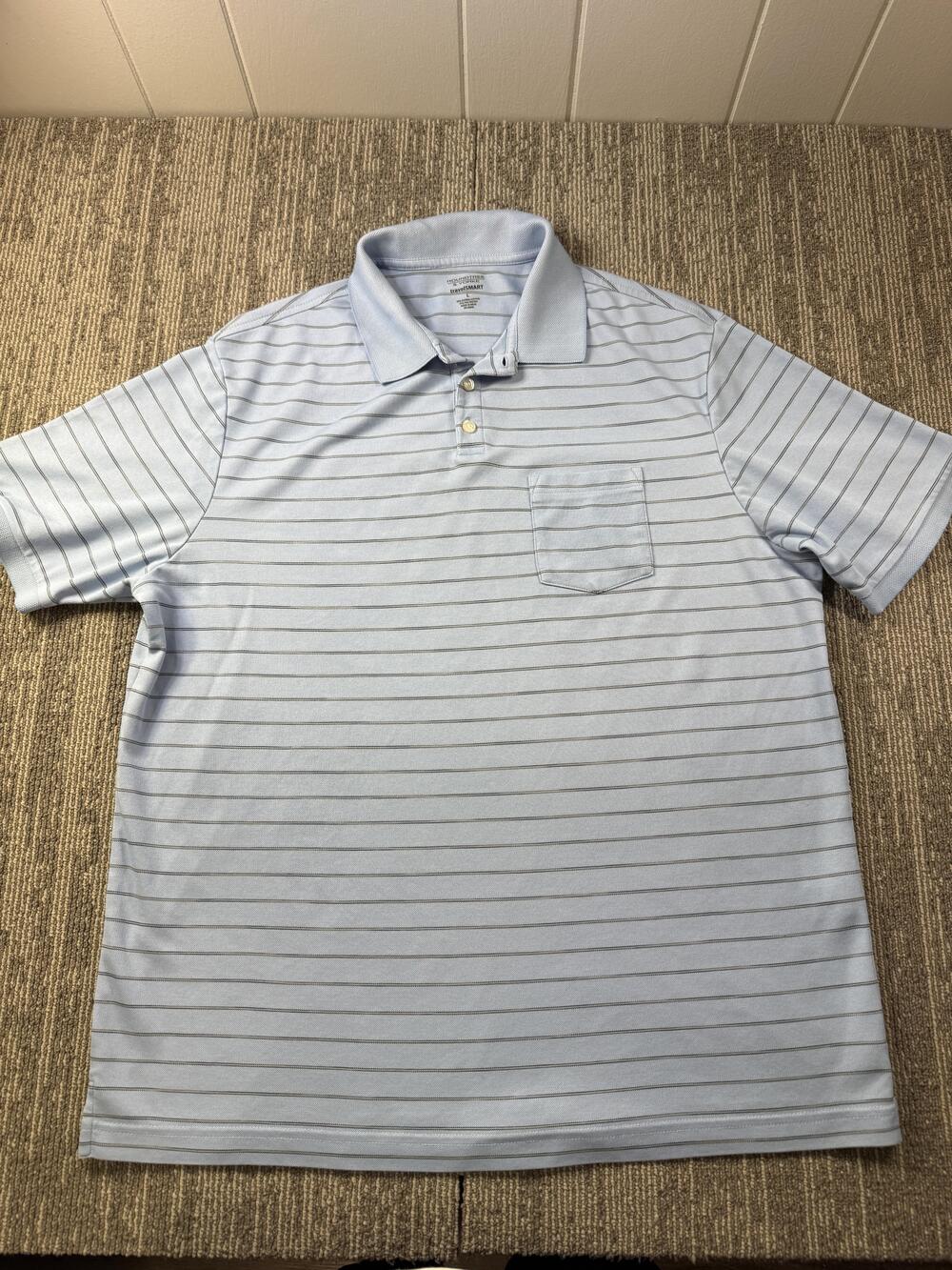 Roundtree & Yorke TravelSMART Polo Shirt Mens Large Blue Stripe Pocket Casual